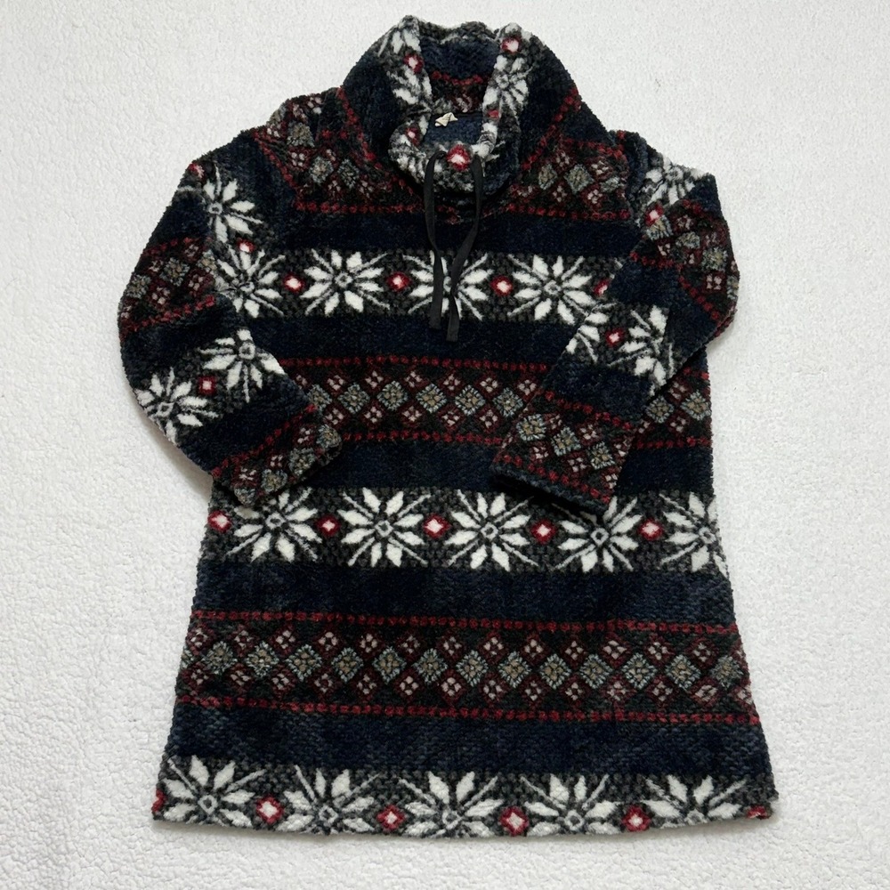 HUE Womens Sherpa Fleece Tunic‎ Pullover Snowflake Fair Isle Navy Red RN 62856
